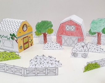 Paper Barn and House Coloring Set, Paper Toy Houses Craft, Printable Paper Barn, DIY Kids Paper Toy, Color and Cut, Arts and Crafts