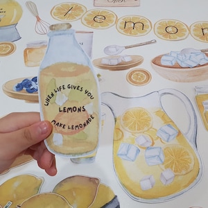 May include: A watercolor illustration of a glass bottle filled with yellow lemonade. The bottle has the text "When life gives you lemons make lemonade" written on it. The illustration is surrounded by lemons, a pitcher of lemonade, and other lemonade-making supplies.