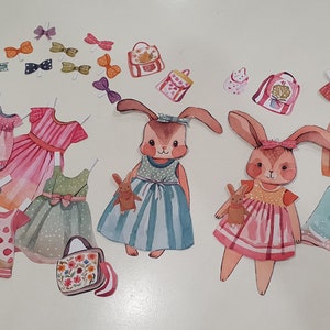 Bambole di carta coniglio - Amici, bambola di carta stampabile, fai da te per bambini, gioco di finzione della foresta, burattini di animali, set da gioco di bambola di carta coniglio