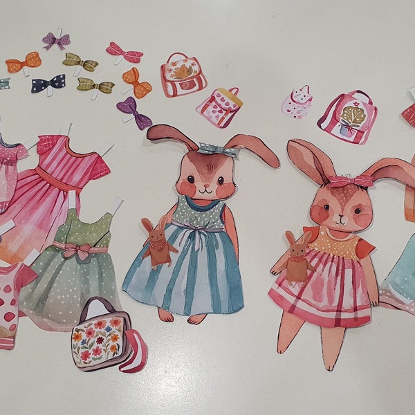 Rabbit Paper Dolls - Friends, Paper Doll Printable, DIY Kid Paper Craft, Forest Pretend Play, Animal Puppets, Bunny Paper Doll Play Set