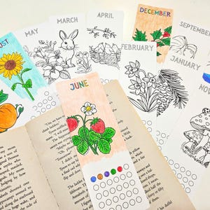 Monatliche Lese-Tracker Lesezeichen, DIY Lesezeichen zum Ausdrucken, saisonale Lese-Tracker, Malseiten für Kinder und Erwachsene, Monate des Jahres