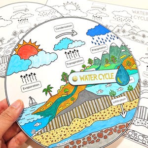 Ruota del ciclo dell'acqua e poster da colorare, lavoretti fai da te con la carta per bambini, colorazione scientifica per bambini, attività STEM, progetto scientifico, attività sul ciclo dell'acqua