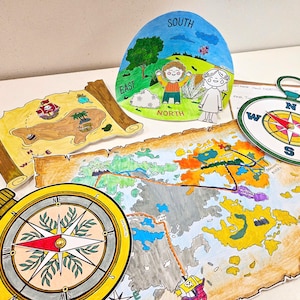 Actividades de puntos cardinales, diorama, manualidad con brújula, construcción de una isla, dibujo y escritura de mapas del tesoro para niños, habilidades cartográficas, geografía