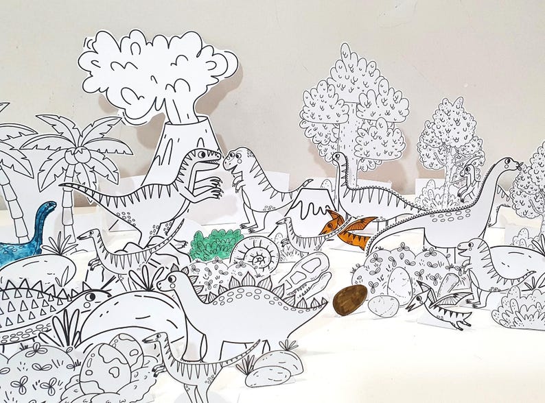 Dinosaur Coloring Diorama, Printable Diorama, Dinosaur Playset, DIY Kids Paper Scene Crafts, Dinosaur Pretend Play, Dinosaur Paper Puppets image 4
