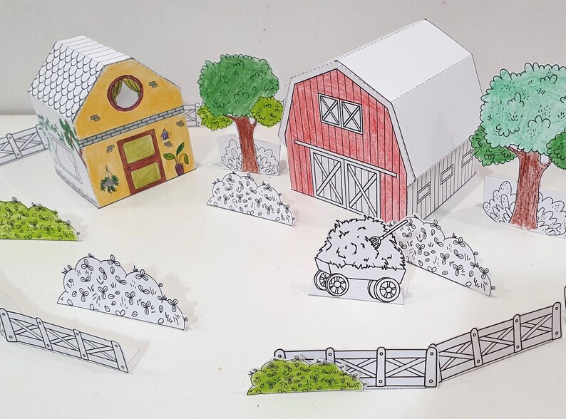 Paper Barn and House Coloring Set, Paper Toy Houses Craft, Printable ...
