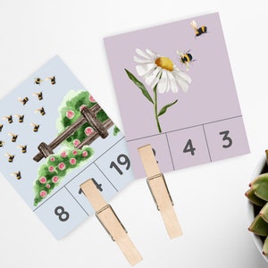 20 Bee Count and Clip Cards, Number Peg Cards, Preschool Activity, Numbers for Toddlers, Printable Flashcards, Counting games, Nature Study