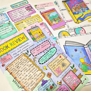 May include: Colorful book review pages for "Charlotte's Web", "The Wizard of Oz", and "The Little Prince". Each page features handwritten notes, illustrations, and summaries. The pages are decorated with vibrant colors and playful designs.