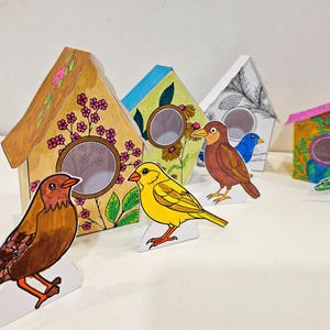 Vogelhaus aus Papier, zum ausdrucken und ausmalen, bunte Papierhäuser, Farbe und Schnitt, Kunsthandwerk, Vogel-Papierpuppen