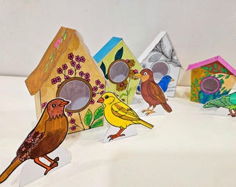 Paper Birdhouse Coloring, Spring Paper Craft, Printable Paper Houses, DIY Kids Paper Toy, Color and Cut, Arts and Crafts, Bird Paper Puppets