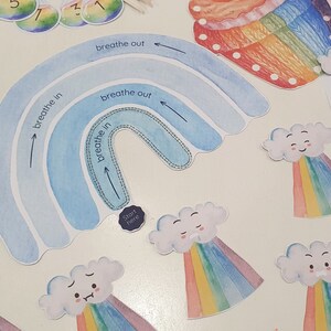 May include: A blue and white rainbow with the words "breathe in" and "breathe out" written on it. There are also several small clouds with rainbows underneath them. The clouds have happy faces on them. The words "Start here" are written on a small circle.