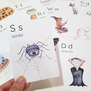 Cartões do alfabeto de Halloween para crianças, cartões de memória de Halloween Montessori, pré-escola de outono, atividade de educação domiciliar, cesta de manhã de Halloween para crianças