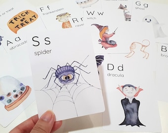 Halloween Alphabet Cards for Kids, Montessori Halloween Flashcards, Autumn Preschool, Homeschool Activity, Kids Halloween Morning Basket