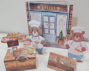 Bakery Printable & Busy Book, Bear Paper Dolls, Paper Dollhouse Kit, DIY Kid Paper Craft, Animal Puppets, Christmas Bakery Dramatic Play