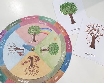 Seasons Wheel, Months of the Year, Seasons Flashcards, Montessori Classroom Calendar Wheel, DIY Kid Paper Crafts, Printable Kid Room Decor