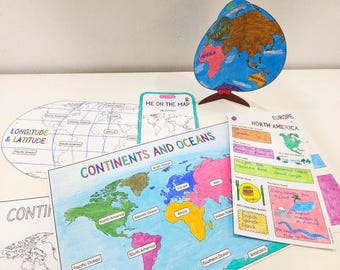 Continents and Oceans Poster, 3D Globe Model, Continent Research Report, Me on the Map, Longitude and Latitude, Write and Draw, Map Coloring