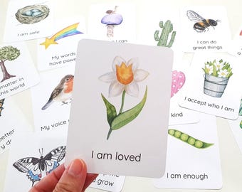 16 cartes d'affirmation pour enfants, cartes de positivité quotidiennes pour enfants, cartes de motivation, cartes nature, cartes-éclair Montessori pleine conscience, santé mentale des enfants
