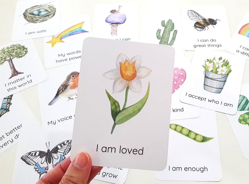 16 tarjetas de afirmación para niños, tarjetas de positividad diaria para niños, tarjetas motivacionales, tarjetas de naturaleza, tarjetas didácticas Montessori de atención plena, salud mental infantil imagen 1