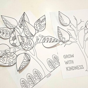 May include: Two white paper tree illustrations with black outlines and detailed leaf designs. One tree has 3D leaves. The text "GROW WITH KINDNESS" is on one of the papers. The image is suitable for coloring.