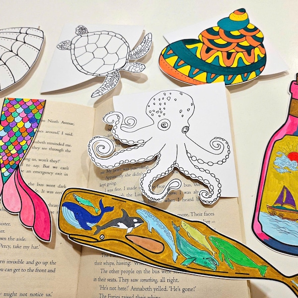 Ocean Bookmarks Coloring, Nature and Ocean Coloring, DIY Kids Paper Crafts, Printable Mermaid Bookmark, Seashell Coloring, DIY Bookmarks