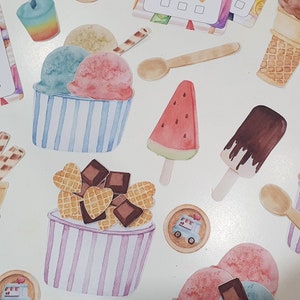 May include: A set of colorful ice cream themed printable stickers. The stickers feature various ice cream flavors, cones, popsicles, and toppings. The stickers are perfect for adding a fun and whimsical touch to your crafts, planners, and more.