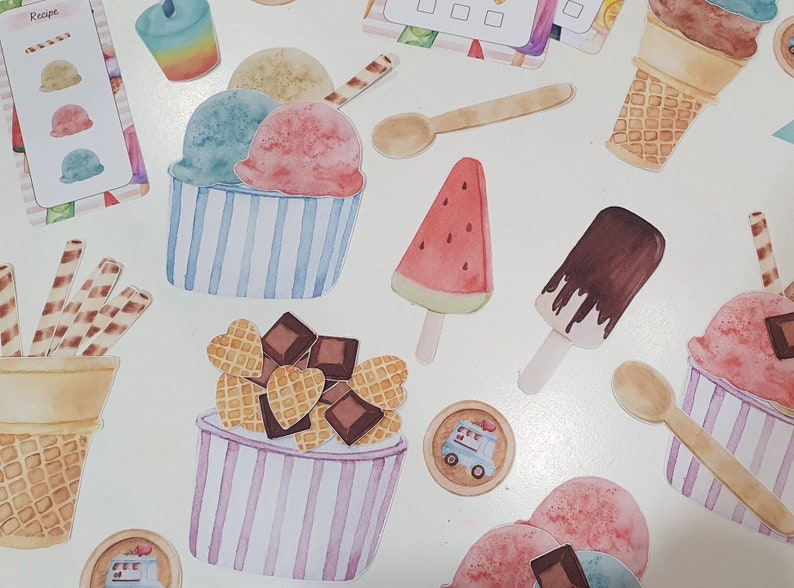 May include: A set of colorful ice cream themed printable stickers. The stickers feature various ice cream flavors, cones, popsicles, and toppings. The stickers are perfect for adding a fun and whimsical touch to your crafts, planners, and more.
