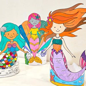 Mermaid Paper Dolls Coloring Set, Printable Paper Dolls, DIY Kids Paper Toy, Ocean Pretend Play, Color and Cut, Summer Paper Doll Craft Kit