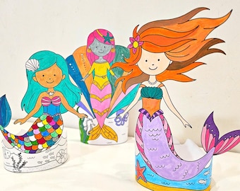 Mermaid Paper Dolls Coloring Set, Printable Paper Dolls, DIY Kids Paper Toy, Ocean Pretend Play, Color and Cut, Summer Paper Doll Craft Kit