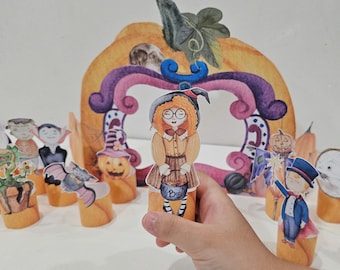 May include: A set of Halloween finger puppets featuring a witch, a vampire, a ghost, a Frankenstein monster, a pumpkin, a bat, a plant, a scarecrow, and a clock. The puppets are made of paper and are designed to be worn on the fingers.