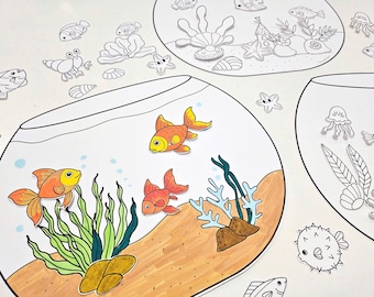 金魚鉢の作り方、子供向けDIYペーパークラフト、色塗りと切り取り、細かい運動能力、ごっこ遊び、海の動物の紙人形、水槽