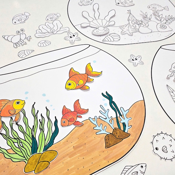 Build a Fish Bowl Coloring, Kids DIY Paper Crafts, Color and Cut, Fine Motor Skills, Pretend Play, Ocean Animal Paper Puppets, Fish Tank