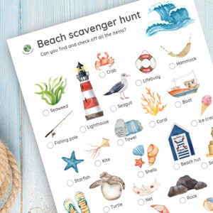 Búsqueda del tesoro en la playa, búsqueda del tesoro en la naturaleza para imprimir, actividades de campamento para niños, actividades al aire libre, educación sobre la naturaleza, juegos para imprimir