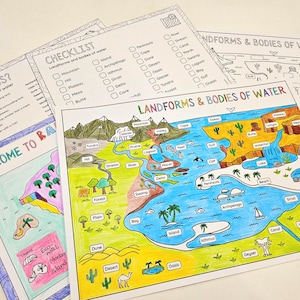 Landformen und Gewässer Poster, 40 Typen, Kartenbeschriftung, Checkliste, Insel bauen, Geokunde, Geowissen, Natur, Kinder, Natur