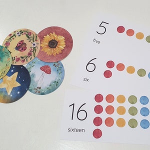 May include: Five colorful circles, six colorful circles, and sixteen colorful circles arranged in rows on white cards. The cards also include the numbers 5, 6, and 16, as well as the words "five", "six", and "sixteen".