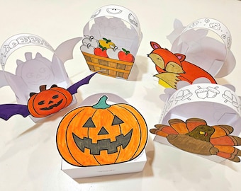 Autumn Paper Basket Coloring, Kids Fall Paper Craft, Pumpkin Paper Baskets, Kids Halloween Craft, Thanksgiving Coloring, Apple Paper Craft