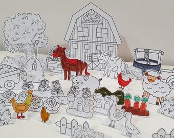 Farm Coloring Diorama, Printable Farm Diorama, Farm Play Set, Paper Scene, Kids Paper Craft, DIY Paper Toy, Pretend Play, Farming Unit Study