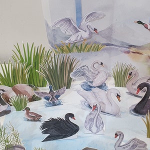Costruisci un lago, diorama di lago stampabile, set da gioco con cigni, scena di carta, lavoretti fai da te con la carta per bambini, lavoretti con animali primaverili, apprendimento dell'habitat degli uccelli