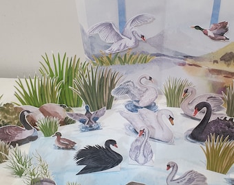 Build a Lake, Printable Lake Diorama, Swan Play Set, Paper Scene, DIY Kids Paper Craft, Spring Animal Craft, Bird Habitat Learning