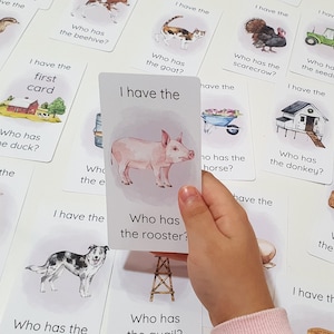 Eu tenho Quem tem na fazenda Jogo para impressão, Cartões de vida na fazenda, Aprendizagem na fazenda pré-escolar, Jogo educacional, Atividade em sala de aula, Cartões de animais de fazenda