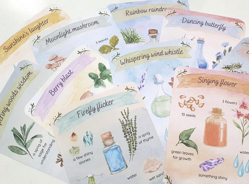 Tarjetas con recetas de pociones de hadas para la cocina de barro, tarjetas con pociones de hadas mágicas, juegos de rol al aire libre, juegos dramáticos, juegos al aire libre, juegos en la naturaleza, escuela forestal imagen 2