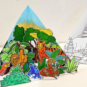 Forest Coloring Triorama, Scene di foreste pluviali stampabili, Fai da te per bambini con habitat di carta, Progetto scientifico, Burattini di animali della foresta