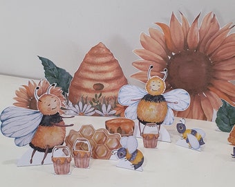 Bee Printable Play Set, Paper Fairy Land, DIY Paper Craft for Kids, Beehive Pretend Play, Bee Puppets, Insect Learning, Sunflower Activity