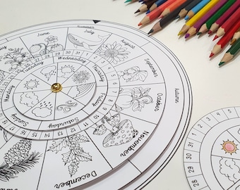 Wheel of the Year Coloring, Season Calendar Wheel, Perpetual Calendar Printable, Phenology Nature Wheel, DIY Kids Crafts, Nature Journaling