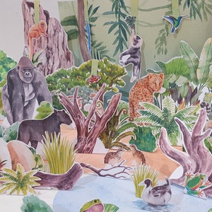 Construa uma floresta tropical, diorama de floresta tropical para impressão, conjunto de brincadeiras de selva, cena de papel, artesanato de papel para crianças faça você mesmo, brincadeira de faz de conta, fantoches de animais da floresta