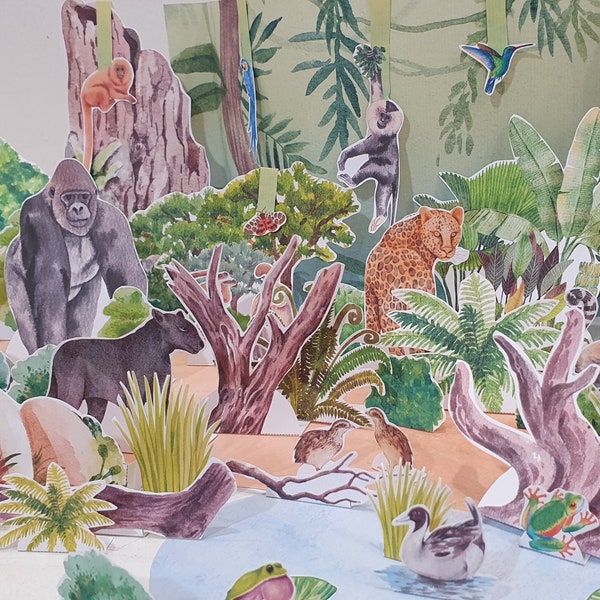 Build a Rainforest, Printable Rainforest Diorama, Jungle Play Set, Paper Scene, DIY Kids Paper Craft, Pretend Play, Forest Animal Puppets