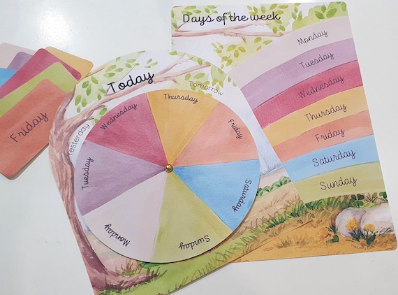 Days of the Week, Calendar Wheel, Poster and Cards, Classroom Calendar, DIY Kid Paper Crafts, Printable Montessori Calendar, Kid Room Decor