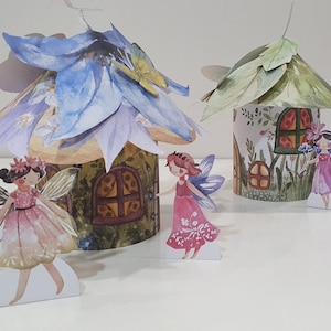 Case delle fate stampabili e bambole di carta delle fate dei fiori, casa delle bambole di carta, lavoretti fai da te per bambini, fascia per capelli delle fate dei fiori, attività primaverili ed estive