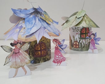 Fairy Houses Printable & Flower Fairy Paper Dolls, Paper Dollhouse, DIY Kid Paper Craft, Flower Fairy Headband, Spring and Summer Activities