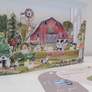 Imprimible emergente de granja, tarjeta de felicitación emergente, manualidades para construir un granero, manualidades de papel para niños, teatro de marionetas de animales de granja, cuentos de granja