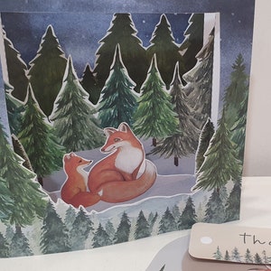 Floresta de inverno pop-up para impressão, cartão pop-up de felicitações, construção de uma cena de floresta, artesanato de papel faça você mesmo para crianças, teatro de fantoches, decoração de férias de inverno