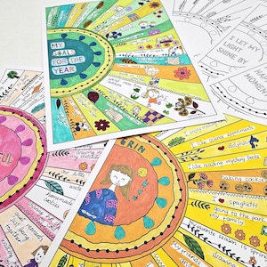 May include: A selection of colourful, hand-drawn goal-setting and gratitude worksheets. The worksheets feature circular designs with text like "My Goals for the Year" and "I Am Grateful For," along with illustrations and space for personal notes.